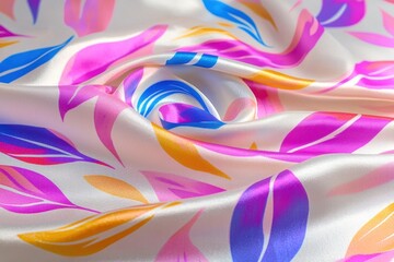 Poster - Elegant silk fabric featuring a delicate leaf pattern with soft folds and a blend of vibrant colors, creating a luxurious and graceful texture for backgrounds.
