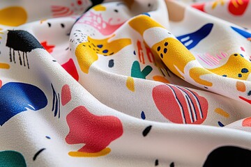 Poster - Macro shot captures the playful design of a vibrant fabric, showcasing abstract shapes in yellow, red, blue, green, and black against a white backdrop, offering a cheerful aesthetic.