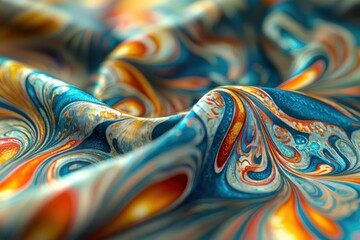 Poster - A detailed macro shot of a fabric featuring a swirling, vivid pattern of bright colors and bold shapes, with the intricate textile in crisp focus and the background softly blurred