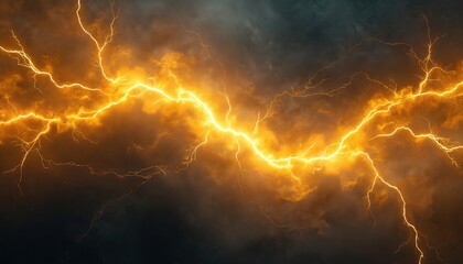 Aufkleber - Abstract yellow lightning background. Electrical discharge effect with energy power. Thunder strike with voltage, glow. Dark design element with electricity, shock, flash for banners or presentations.