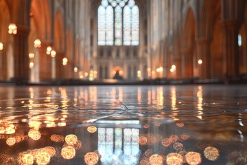 Poster - Illuminated architecture of a grand interior with arches, windows, and reflective marble flooring, creating a symmetrical bokeh effect, showcasing interior beauty.