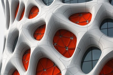 Poster - A futuristic building facade with organic, cell-like openings, showcasing a blend of architectural design and modern aesthetics, with striking orange interiors.