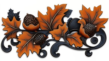 Aufkleber - decorative piece of art with leaves and acorns. the leaves are orange and the acorns are brown