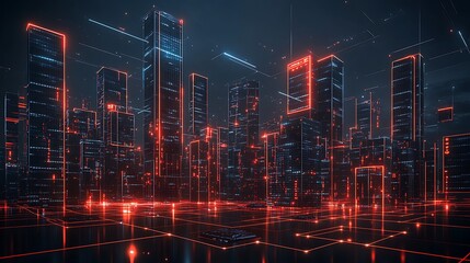 Fototapete - Futuristic Cityscape Depicts a Network of Data Connections and Buildings