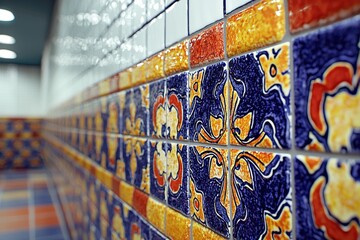 Poster - close-up view of a tiled wall with colorful geometric designs in blue, orange, and white, creating a