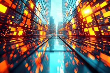 Poster - Abstract perspective of a futuristic cityscape with glowing lights reflecting on a polished surface, showcasing modern architecture and vibrant illumination.