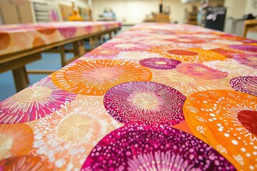 Poster - Vibrant orange and pink floral patterns on a table surface, creating a visually captivating and artistic background for creative projects or design elements.