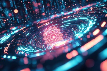 Poster - abstract futuristic technology background with glowing particles and a central geometric structure, 