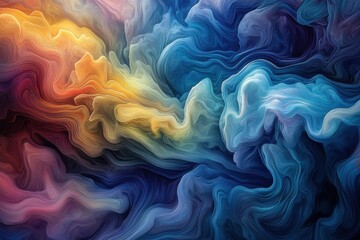 Poster - Abstract cloudscape with vibrant colors blending from yellow to blue, creating a surreal, dreamlike atmosphere full of smooth and swirling textures, artistic and dreamy.