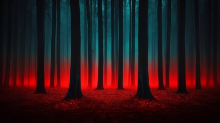 Poster - Forest with red and blue trees. The red trees are glowing and the blue trees are creating a contrast with the red. The forest is dark and mysterious