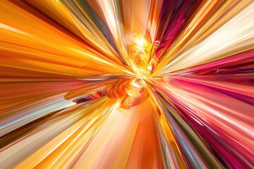 Poster - Radiant burst of color in an abstract design, featuring streaks of orange, yellow, and pink converging towards a central light source, creating a dynamic and energetic effect.