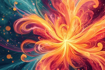 Poster - A vibrant abstract explosion of light and color, featuring flowing lines in warm oranges, reds, and yellows against a contrasting teal background with bokeh effects.
