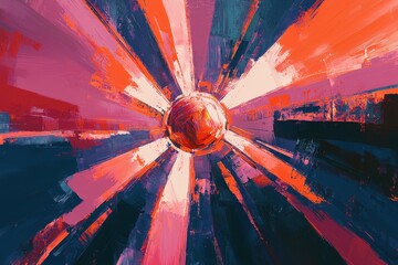 Poster - Abstract painting with radiating lines converging to a central sphere, blending vibrant orange, pink, and blue hues, showcasing a modern and artistic style.
