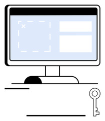 Poster - Desktop monitor displays login form with floating key symbol below. Ideal for online security, data access, password protection, authentication, technology, encryption, flat simple metaphor