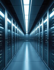 Aufkleber - Futuristic tech data center featuring rows of server racks. Digital information storage, computing network, cyberspace hosting. Innovation, modern electricity, power efficiency, speed capacity,