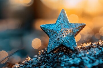 Poster - A beautiful textured five-pointed star decoration, captured with dreamy golden bokeh, placed on moss, creating a magical and enchanting winter scene.