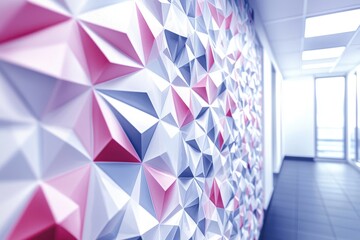 Poster - A modern office hallway featuring a geometric wall pattern, with pink and blue triangles, creating a contemporary and stylish interior design aesthetic in a bright space.