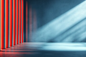 Poster - Abstract room with light rays shining through red pillars onto a blue textured wall, creating a modern minimalist backdrop for various design applications.