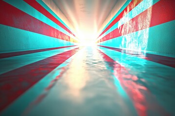 Poster - Striking perspective of a tunnel with red and teal stripes converging towards a bright light, creating a bold and dynamic background.