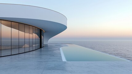 Aufkleber - Large white building with a pool and a glass wall overlooking the ocean. The pool is surrounded by a white stone walkway. The building and the pool are both very modern and sleek