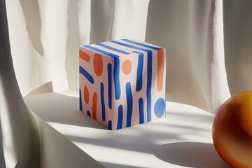 Poster - A stylish product display featuring a patterned cube, draped fabric, and a spherical object, showcasing modern design elements with soft lighting and a clean, minimalist aesthetic.