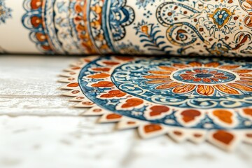 Poster - A captivating close-up of intricately patterned wallpaper, showcasing rich textures and vibrant colors, rolled out on a rustic wooden surface, exuding timeless elegance.
