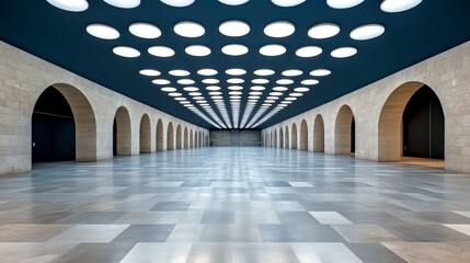 Aufkleber - Large, empty room with a blue ceiling and white floor tiles. The room is very spacious and has a modern, minimalist design