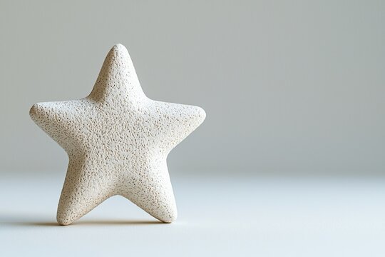 Close-up of a textured light beige star standing upright against a neutral grey background, highlighting its unique rough surface and organic feel for versatile use.