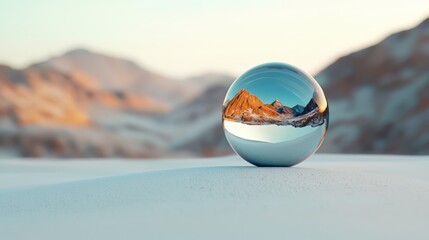 Poster - Large, round, shiny ball is sitting on a snowy mountain. The reflection of the ball in the water creates a sense of depth and movement. The scene evokes a feeling of tranquility and wonder