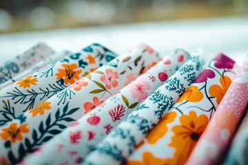 Poster - a vibrant collection of patterned papers rolled up tightly, showcasing floral designs with orange, p