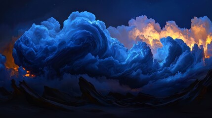 Poster - Large, swirling cloud of blue and orange sky. The sky is filled with clouds and the colors are vibrant. Scene is one of awe and wonder, as the clouds seem to be alive and constantly changing