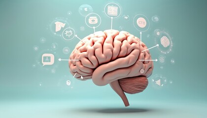 Poster - Brain with digital network connections, icons represents tech, data, AI. Visual of cognitive processes, info flow, graphic design. Neural system interaction, software application evolution in future