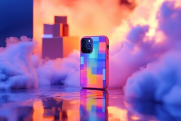 Poster - A vibrant smartphone with a pixelated design, standing on a reflective surface amid dreamy clouds and geometric structures, creating a surreal and colorful scene.