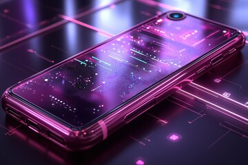 Poster - a sleek smartphone displaying a futuristic interface with vibrant neon lines and geometric patterns,