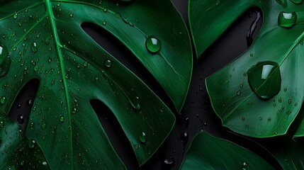 Poster - Leaf with water droplets on it. The leaf is green and has a lot of water droplets on it