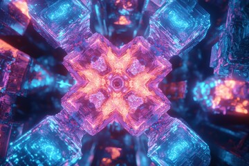 Poster - An abstract digital artwork featuring a kaleidoscopic pattern with geometric shapes, glowing with neon blue and vibrant pink hues, creating a modern and futuristic design.