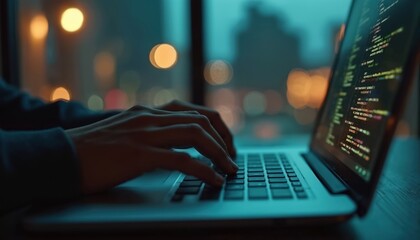 Poster - Person types on laptop keyboard at night, coding. Software developer works late. Digital tech, cybersecurity concept. Fingers type code, program. Abstract bokeh lights background, blurred city view.
