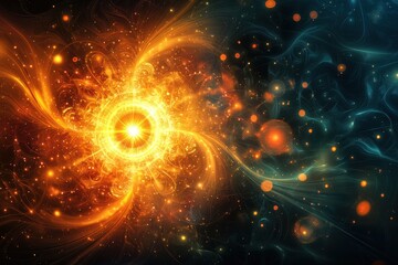 Poster - abstract digital art featuring a radiant burst of warm orange and gold light, contrasting with cool 