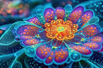 Poster - A vibrantly colored, fractal flower illustration with a psychedelic, intricate design featuring purple, blue, and orange tones, creating a mesmerizing and intricate pattern.