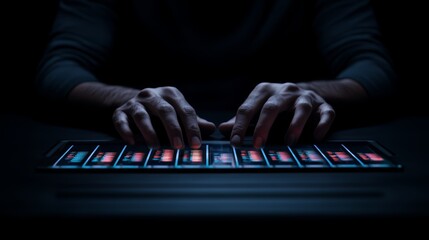 Poster - Man is typing on a keyboard with his hands. Concept of focus and concentration as the man works on his computer. The dark background and the illuminated keyboard create a mood of intensity