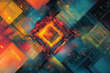  - dynamic abstract background with a glowing central square and geometric patterns, creating a futuris