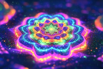 Poster - An abstract floral pattern with vibrant, psychedelic colors creating a mesmerizing effect, featuring layers of neon hues and intricate details against a dark background.