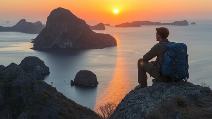 Poster - Man sits on a rock overlooking a body of water with a sunset in the background. Concept of peace and tranquility, as the man takes in the beauty of the landscape