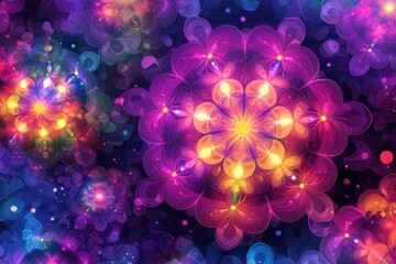 Poster - Abstract floral pattern with vibrant colors and intricate details, creating a mesmerizing and captivating visual experience, full of light and magic.