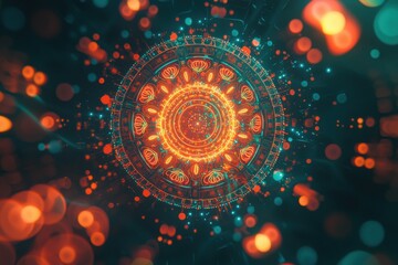 Aufkleber - A mesmerizing futuristic mandala design with glowing neon lights, creating a sense of technology, spirituality, and digital harmony, with abstract geometric shapes.