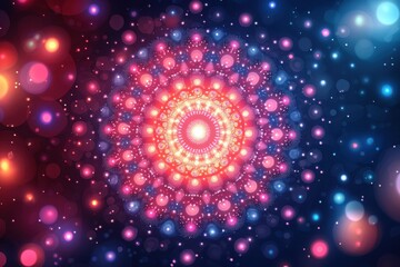 Poster - A mesmerizing mandala of glowing dots creates a spiritual and magical feeling, featuring an intricate design and a harmonious blend of red, pink, and blue colors.