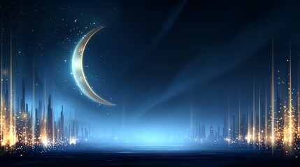 Aufkleber - Beautiful night sky with a large crescent moon shining brightly. In the background, there is a cityscape with tall buildings and a river running through it. The scene is serene and peaceful
