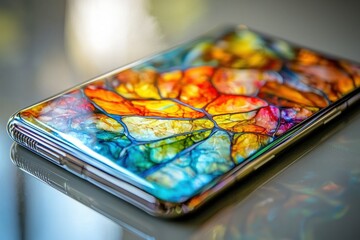 Poster - Close-up of a colorful smartphone with an artistic, stained glass-like pattern on its back, reflecting on a shiny surface with blurred lights.