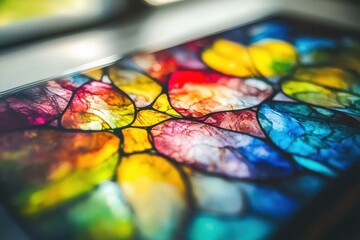 Poster - Macro shot of a smartphone screen displaying vibrant, abstract patterns, resembling stained glass with a mosaic of vivid colors and textures, creating an artistic design.