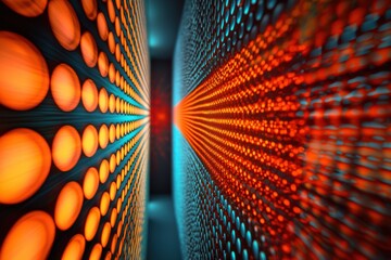 Poster - futuristic abstract background with orange and blue glowing circles in a grid pattern, creating a se